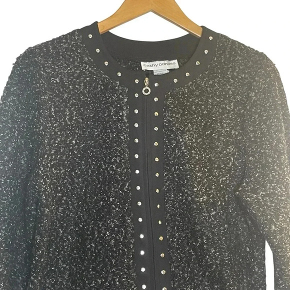 Cathy Daniels Black Gray Tweed Boucle Cardigan Sweater Jacket Full Zip Medium - Picture 2 of 10